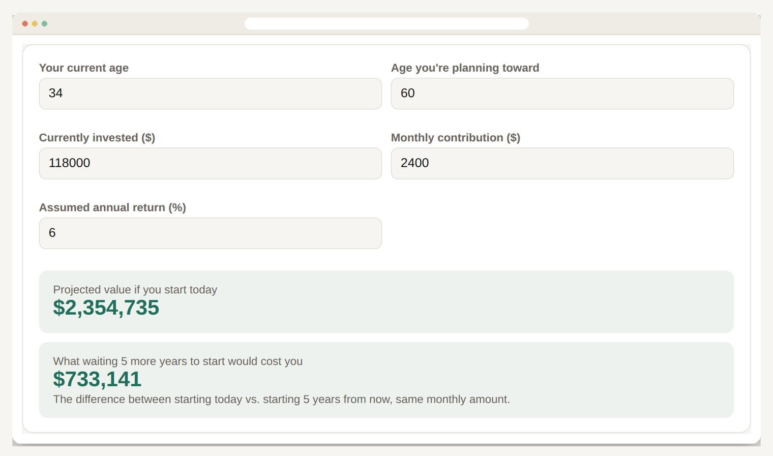 The investing runway calculator showing a projection and the cost of waiting.